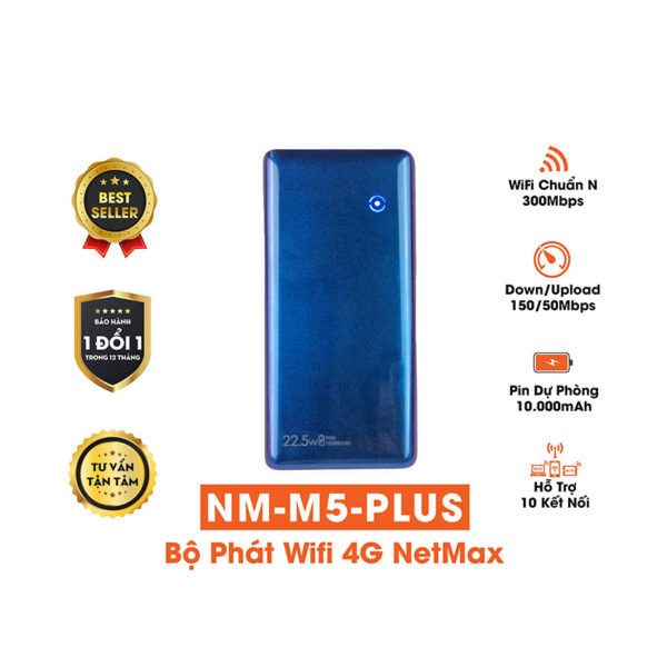 Bộ phát WiFi 4G di động Netmax M5 Plus, Tốc độ 150Mbps, Pin 10000mAh, Pin dự phòng sạc nhanh 22.5W