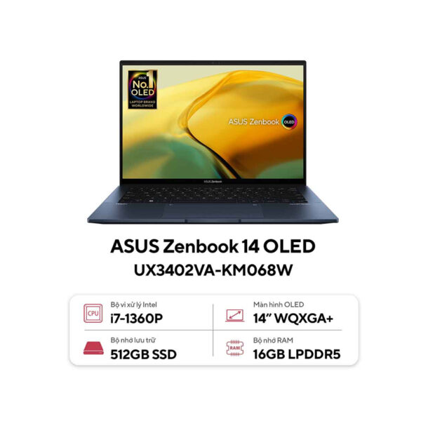 Laptop Asus ZenBook UX3402VA-KM068W (i7 1360P/16GB RAM/512GB SSD/14 Oled/Win11/Cáp/Túi/Xanh)