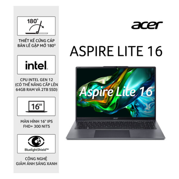 Laptop Acer Aspire Lite AL16-51P-596H (NX.KWZSV.002) (i5 1235U/8GB/512GB SSD/16 inch  WUXGA/Win 11/Xám) (2024)