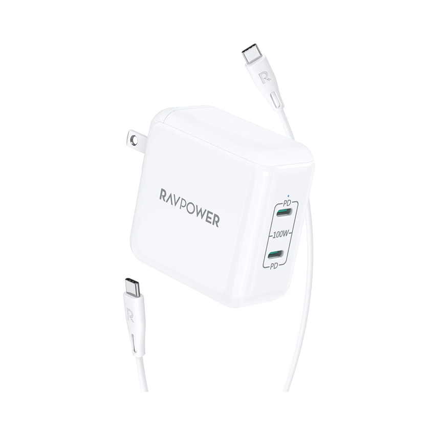 Củ sạc nhanh RavPower PD Pioneer RP-PC151 (Phiên bản kèm dây C to C) - PD 100W - 02 cổng Type C - Màu trắng