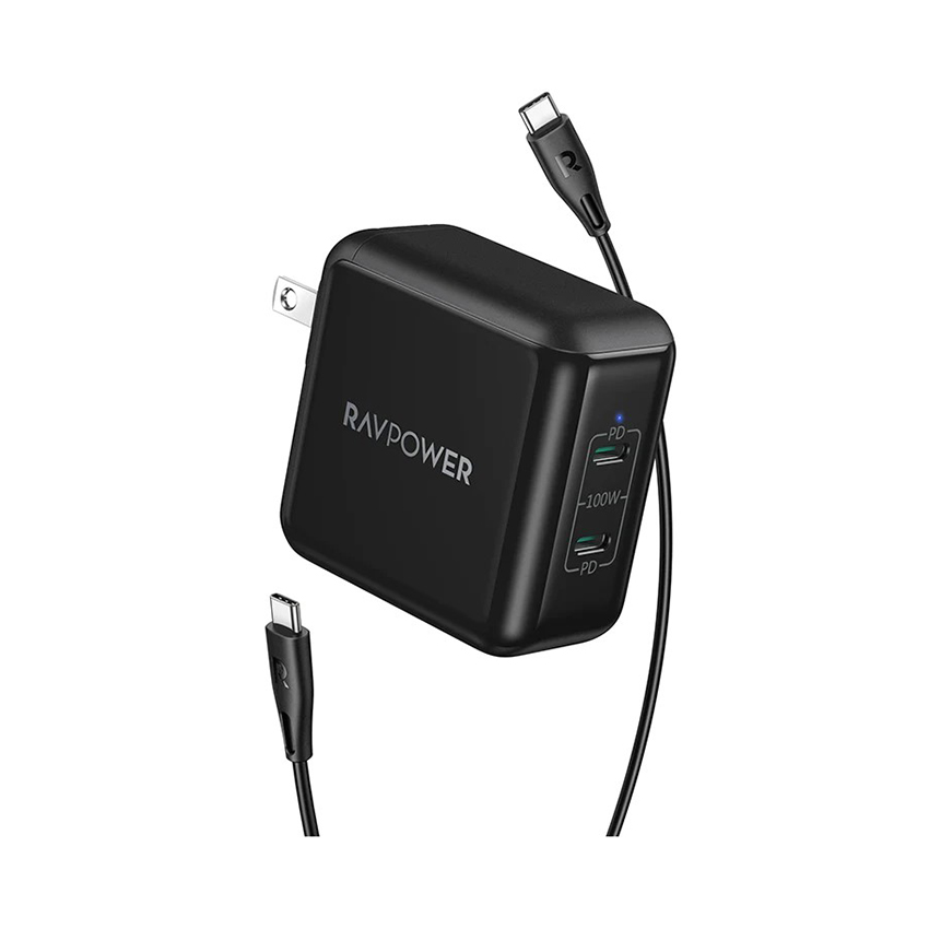 Củ sạc nhanh RavPower PD Pioneer RP-PC151 (Phiên bản kèm dây C to C) - PD 100W - 02 cổng Type C - Màu đen