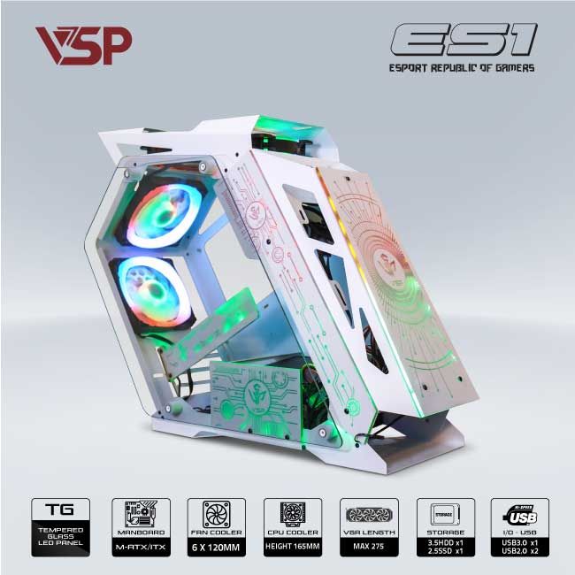 Vỏ Case VSP REPUBLIC OF GAMERS ES1 - TRẮNG (mATX/Mid Tower)