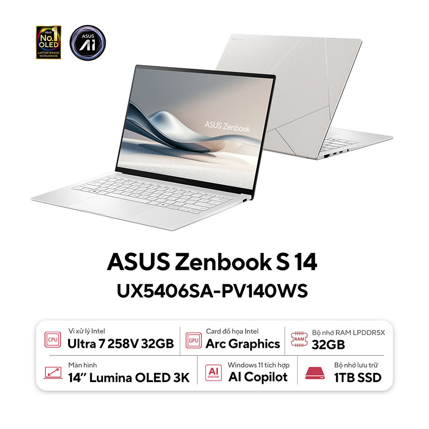 Laptop Asus ZenBook S 14 OLED UX5406SA-PV140WS (Ultra7 258V/32GB RAM/1TB SSD/14 inch 3K Oled 120Hz/Win11/Trắng)