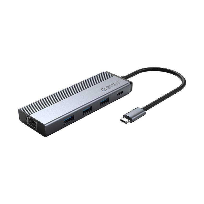 Cáp chuyển đổi 5 trong 1 Orico 5SXRJ-GY (Từ cổng TypeC sang 3 cổng USB 3.0 + 1 Lan 1000 + 1 cổng sạc PD)