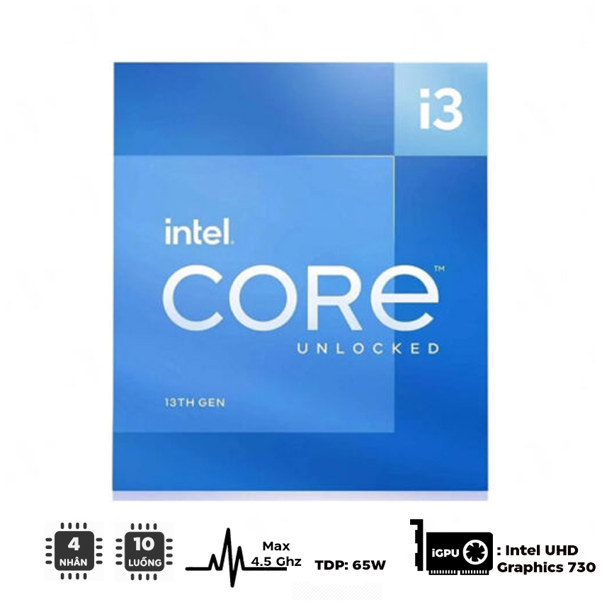CPU Intel Core i3-13100 (up to 4.5Ghz, 4 nhân 8 luồng, 12MB Cache, 65W) - Socket Intel LGA 1700/Raptor Lake) 