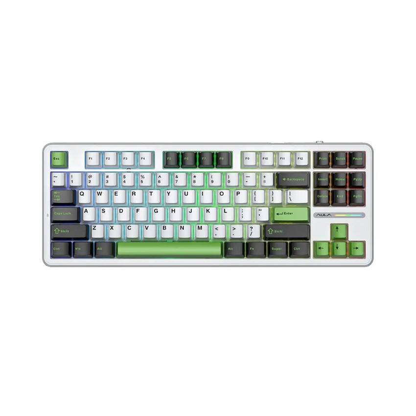 Bàn phím cơ AULA F87 3 mode Đen Trắng Xanh lá (TypeC + 2.4G + Bluetooth, Grey wood V3 switch, led RGB)