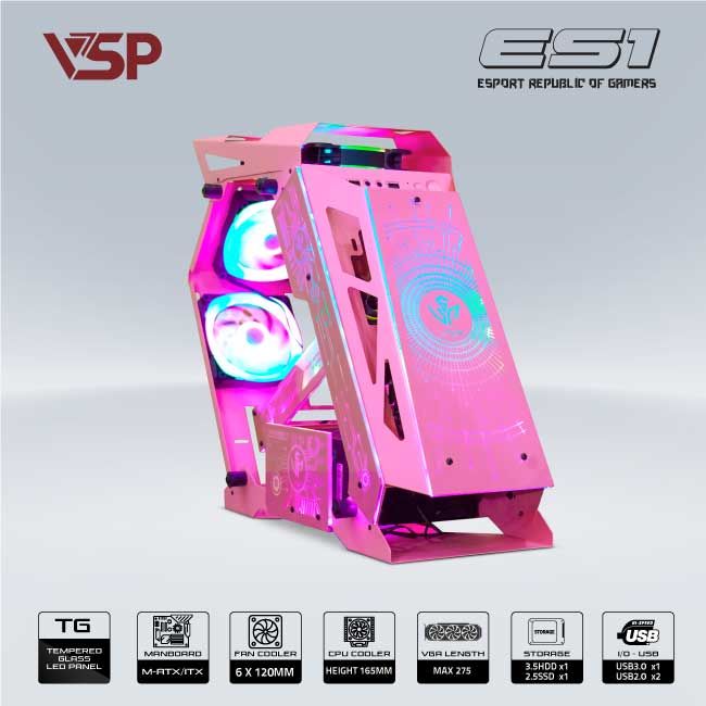 Vỏ Case VSP REPUBLIC OF GAMERS ES1 - HỒNG (mATX/Mid Tower)