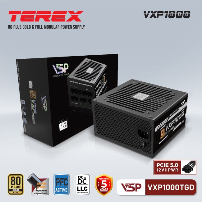 Nguồn VSP TEREX VXP1000TGD v2 - 1000W (80Plus Gold/ATX3.1/PCIE5.1/full modular)