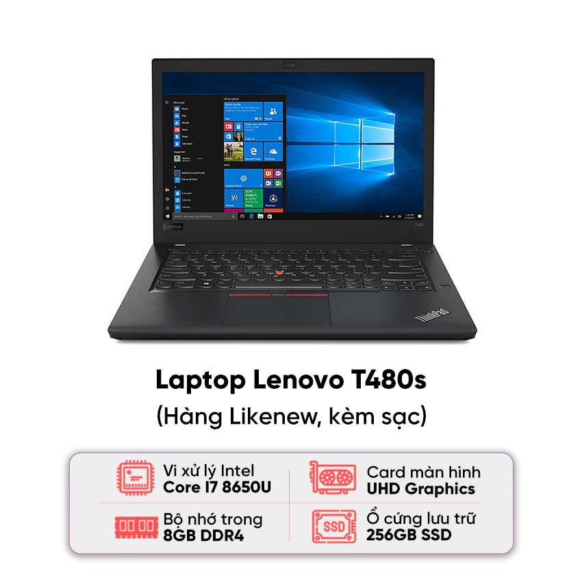 Laptop Lenovo T480s / I7-8650U / 8GB RAM / 256GB SSD / Màn 14.0 inch FHD / Kèm sạc - Hàng cũ đẹp