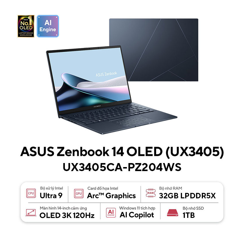 Laptop Asus ZenBook UX3405CA-PZ204WS (Ultra 9 285H/32GB RAM/1TB SSD/14 3K Oled Cảm ứng/Win11/Túi/Bút/Xanh)