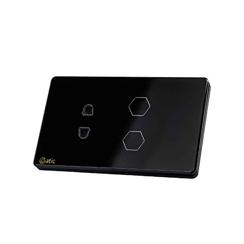 CÔNG TẮC HUNONIC WIFI HÌNH CHỮ NHẬT 2 NÚT KÈM Ổ CẮM (Màu đen)