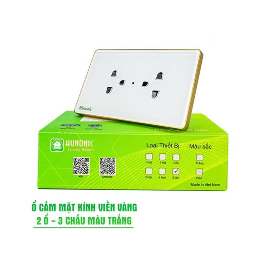 Ổ CẮM HUNONIC MẶT KÍNH VIỀN VÀNG 3 CHẤU (Màu trắng)
