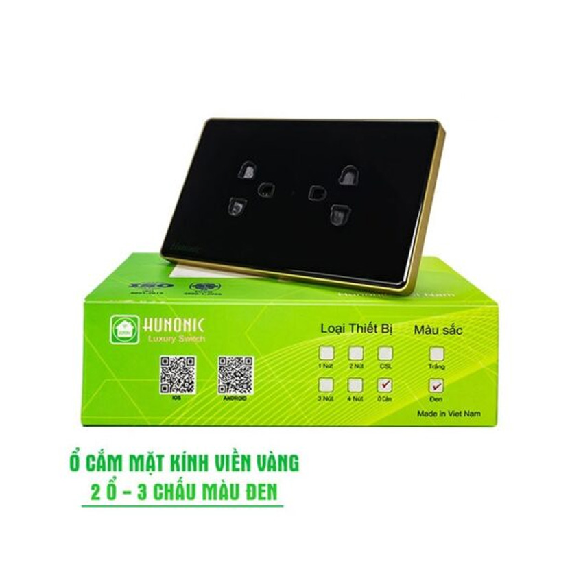 Ổ CẮM HUNONIC MẶT KÍNH VIỀN VÀNG 3 CHẤU (Màu đen)