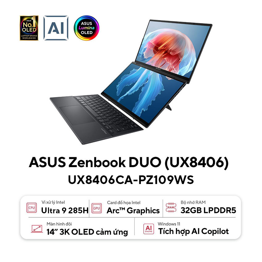 Laptop Asus ZenBook Duo UX8406CA-PZ109WS (Ultra9 285H/32GB RAM/1TB SSD/14 3K Oled Cảm ứng/Win11/Bút+Túi/Xám)