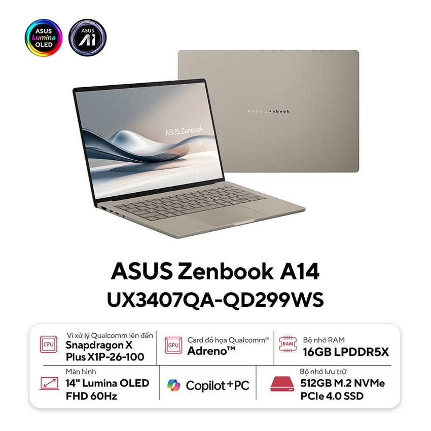 Laptop Asus ZenBook A14 UX3407QA-QD299WS (X1-26-100/16GB RAM/512GB SSD/14 WUXGA Oled/Win11/Túi/Be)