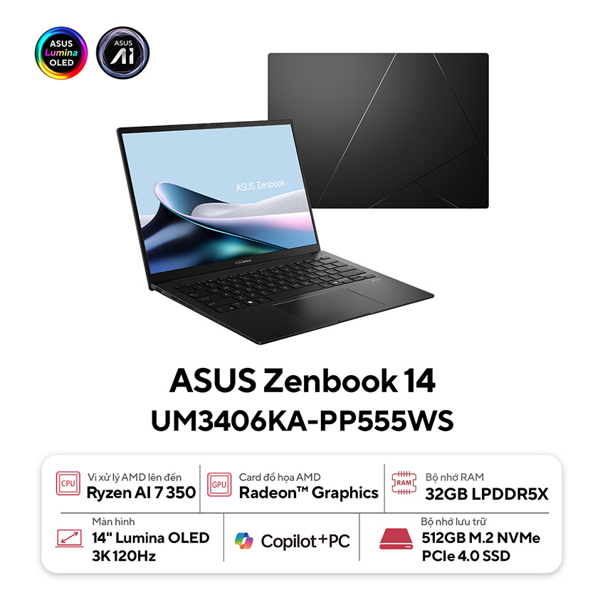 Laptop Asus ZenBook 14 UM3406KA-PP555WS (R7 AI 350/32GB RAM/512GB SSD/14 3K Oled 120Hz/Win11/OfficeH&S/Túi/Đen)