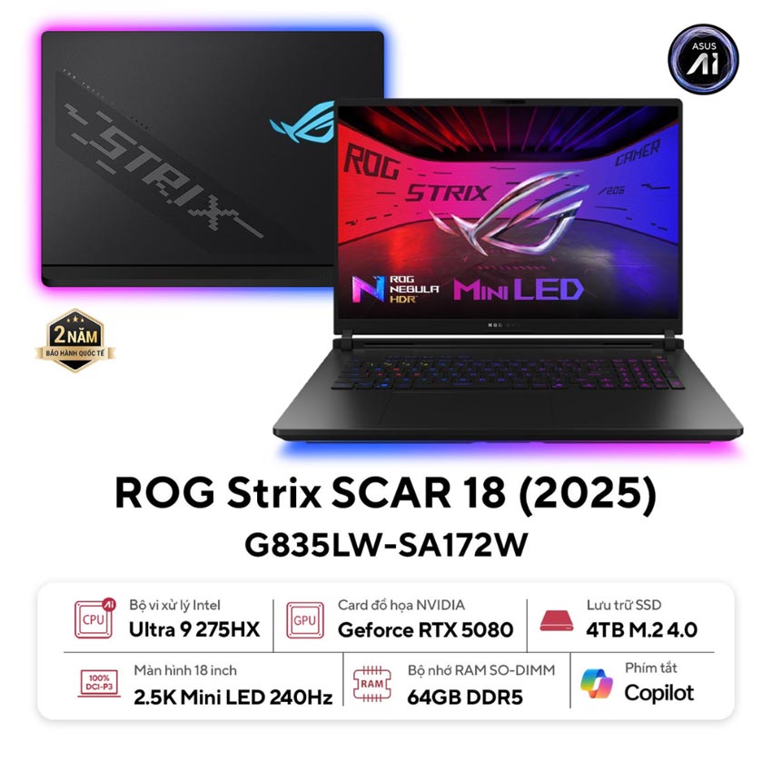 Laptop Asus Gaming ROG Strix G835LW-SA172W (U9 275HX/32GB RAM/4TB SSD/18 WQXGA 240hz/RTX 5080 16GB/Win11/Đen/Chuột/Balo)