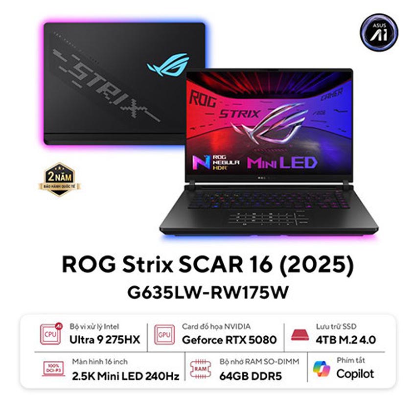 Laptop Asus Gaming ROG Strix G635LW-RW175W (U9 275HX/64GB RAM/4TB SSD/16 WQXGA 240hz/RTX 5080 16GB/Win11/Đen/Chuột/Balo)