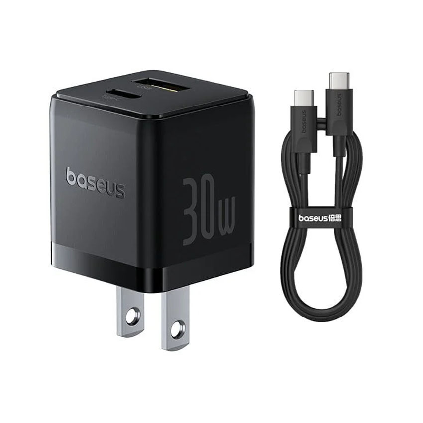 Bộ sạc hiệu Baseus Palm C+U 30W US - Màu đen  (with Cable USB-C to USB-C 1m)