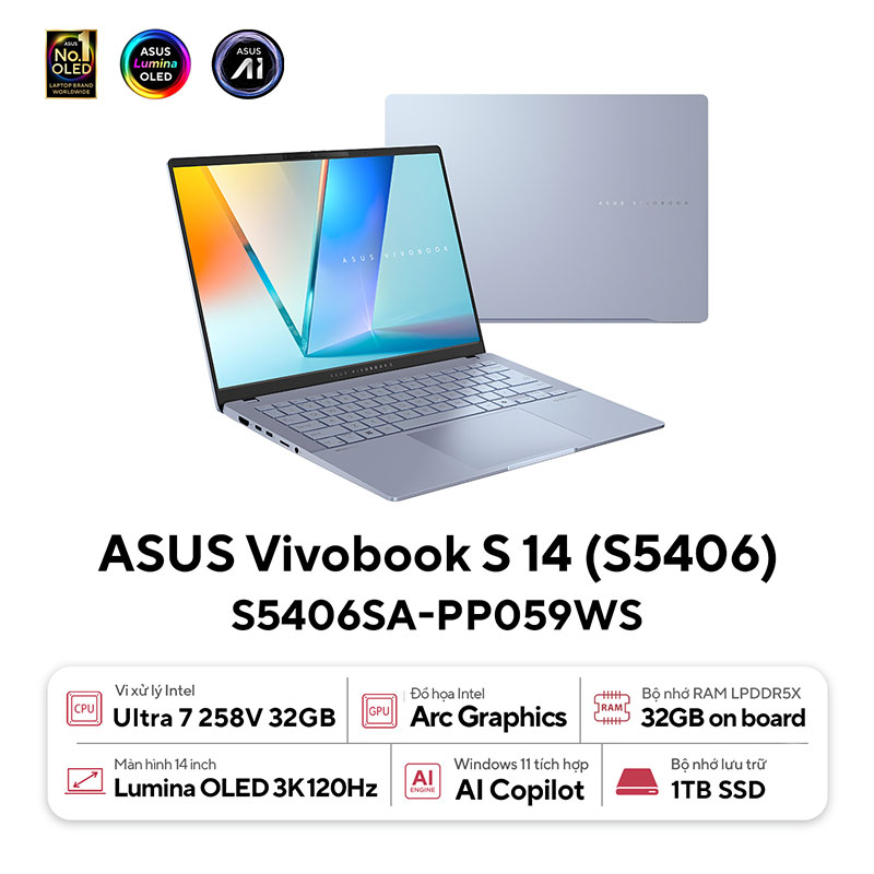 Laptop Asus VivoBook S5406SA-PP059WS (Ultra 7 258V/32GB RAM/1TB SSD/16 3.2K/Win11&OfficeHS/Xanh)