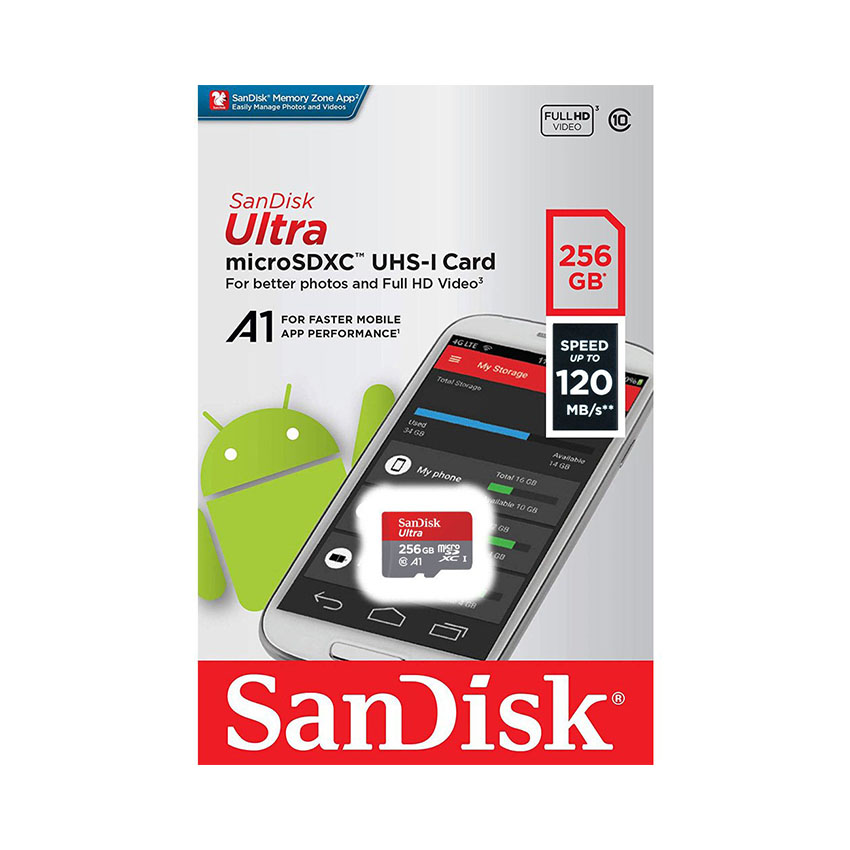 Thẻ nhớ SanDisk 256GB Ultra microSDXC, SQUA4, C10, A1, UHS-I, 120MB/s R (SDSQUA4-256G-GN6MN)