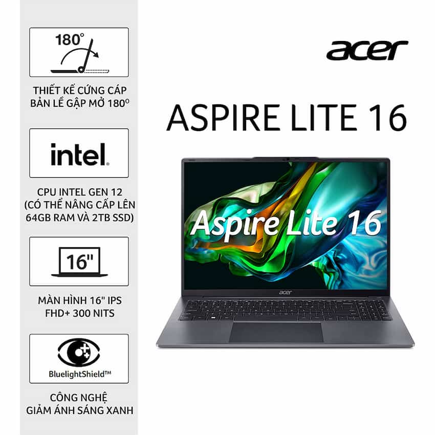 Laptop Acer Aspire Lite 16 N24G1 (AL16-51P-596H) (i5-1235U, 8GB RAM, 512GB SSD, Intel HD, 16 inch FHD+,  Win 11, Xám, NX.KWZSV.002)