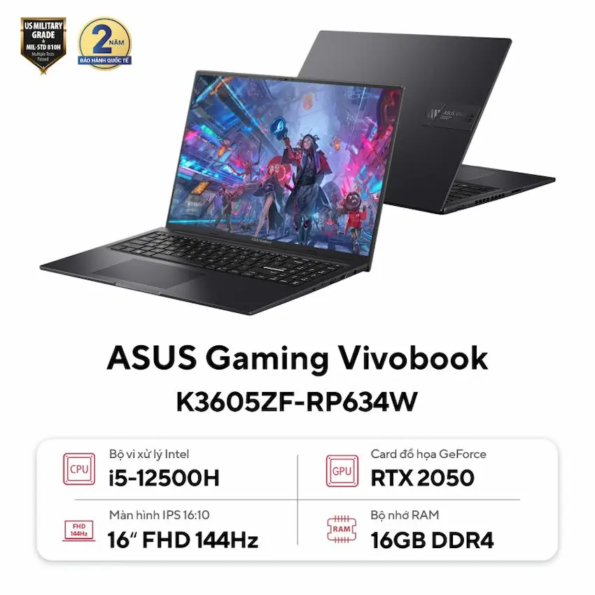 Laptop Asus Gaming Vivobook K3605ZF-RP634W (i5-12500H, 16GB DDR4, 512GB SSD, RTX2050 4GB, 16.0 inch WUXGA IPS 144Hz, Win 11, Đen)