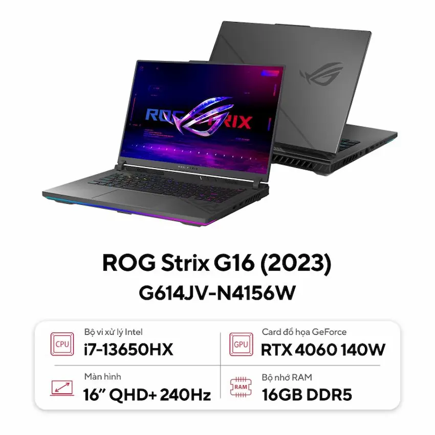 Laptop Asus ROG Strix G16 G614JV-N4156W (i7-13650HX, 16GB DDR5, 512GB SSD, RTX4060 8GB, 16.0 inch WUXGA 240Hz, Win 11, Xám)