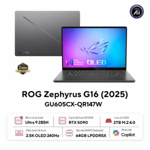 Laptop Asus ROG Zephyrus G16 GU605CX-QR147W (Core Ultra 9 285H, Ram 64GDR5X, SSD 2TB, 16.0 inch WQXGA 240Hz, WF7, BT5.4, 4C90WHrs, W11SL, RTX 5090 24GD7, RGB, 2Y, Túi, Xám)