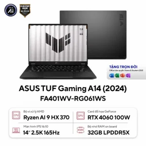 Laptop Asus TUF Gaming A14 FA401WV-RG061WS (Ryzen AI 9 HX 370, 32GB DDR5, 1TB SSD, RTX4060 8GB, 14.0 inch  2.5K 165Hz, Win 11, Xám)