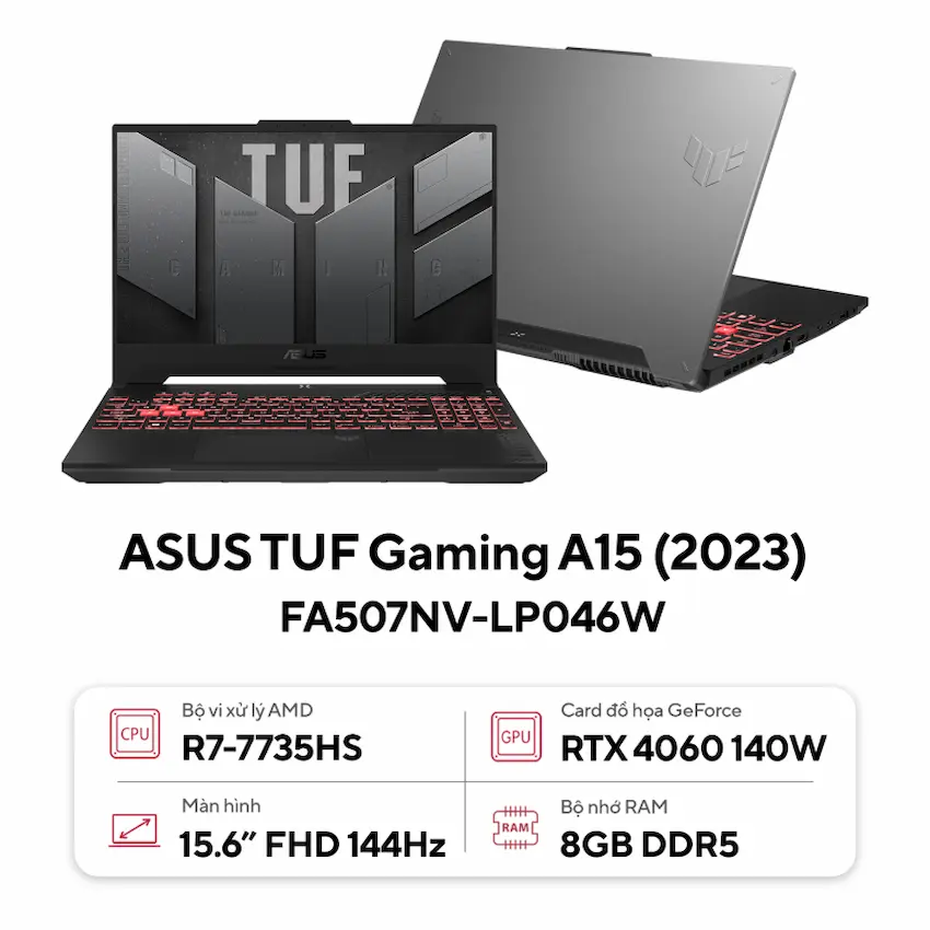 Laptop Asus TUF Gaming A15 FA507NV-LP046W (R7-7735HS, 8GB DDR5, 512GB SSD, RTX4060 8GB, 15.6 inch FHD 144Hz, Win 11, Xám)