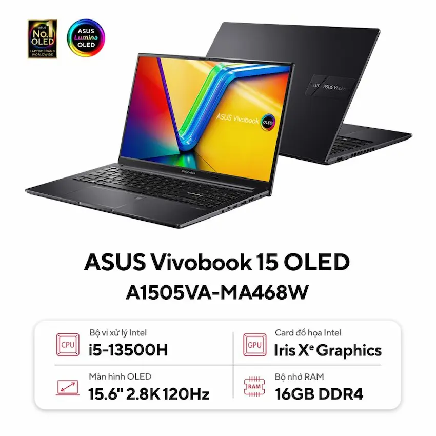 Laptop Asus Vivobook 15 OLED A1505VA-MA468W (I5-13500H, 16GB DDR4, SSD 512GB PCIe,15.6 inch 2.8K OLED, Win 11, Đen)