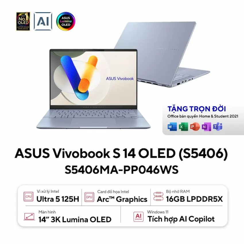 Laptop Asus Vivobook S 14 S5406MA-PP046WS (U5-125H, 16GB DDR5, SSD 512GB PCIe,14.0 inch 3K OLED, Win 11, Xanh)