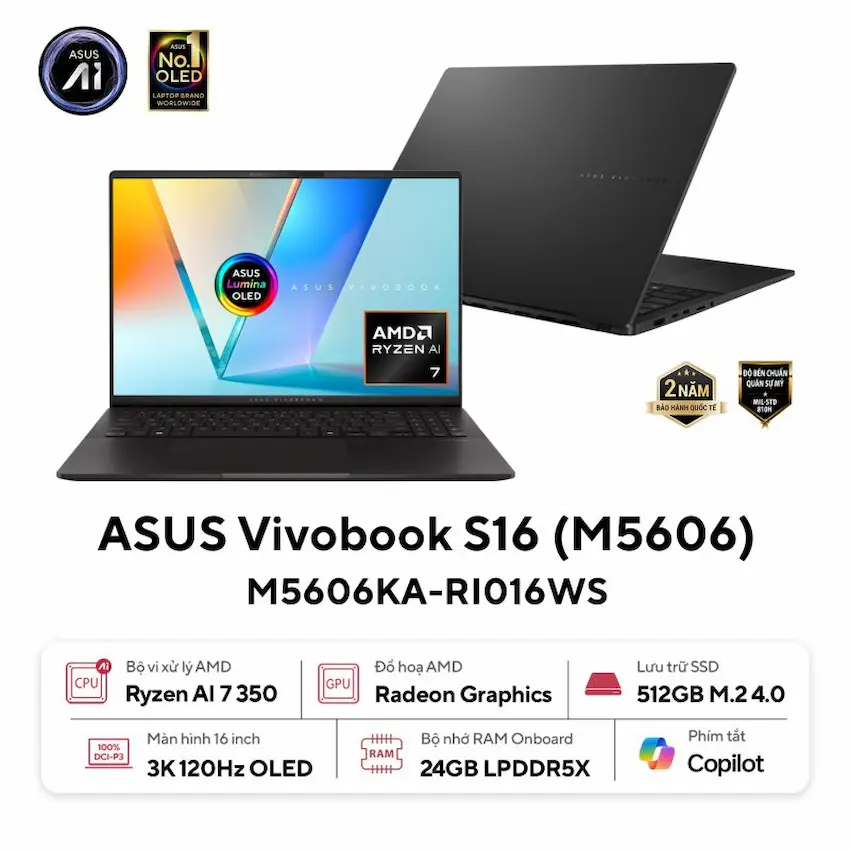 Laptop Asus Vivobook S16 OLED M5606KA-RI016WS (Ryzen AI 7 350, 24GR5X, SSD 512GB PCIe,16 inch 3K, Win 11, Office, Đen)