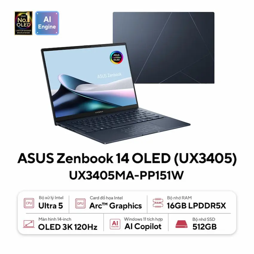 Laptop Asus Zenbook 14 OLED UX3405MA-PP151W (U5-125H, 16GB DDR5, SSD 512GB PCIe,14.0 inch 3K OLED 120Hz, Win 11, Xanh)