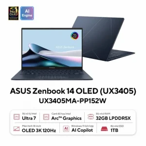 Laptop Asus Zenbook 14 OLED UX3405MA-PP152W (U7-155H, 32GB DDR5, SSD 1TB PCIe,14.0 inch 3K OLED 120Hz, Win 11, Xanh)