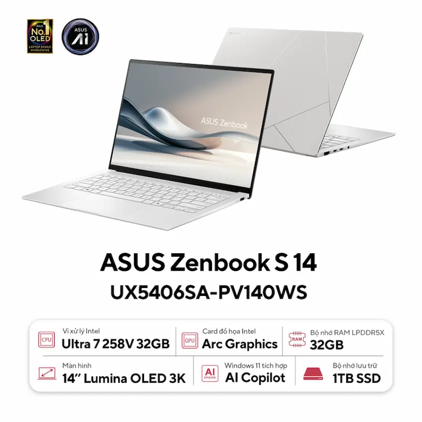 Laptop Asus Zenbook S 14 UX5406SA-PV140WS (U7-258V, 32GB DDR5, SSD 1TB PCIe,14.0 inch 3K OLED 120Hz, Win 11, Trắng)