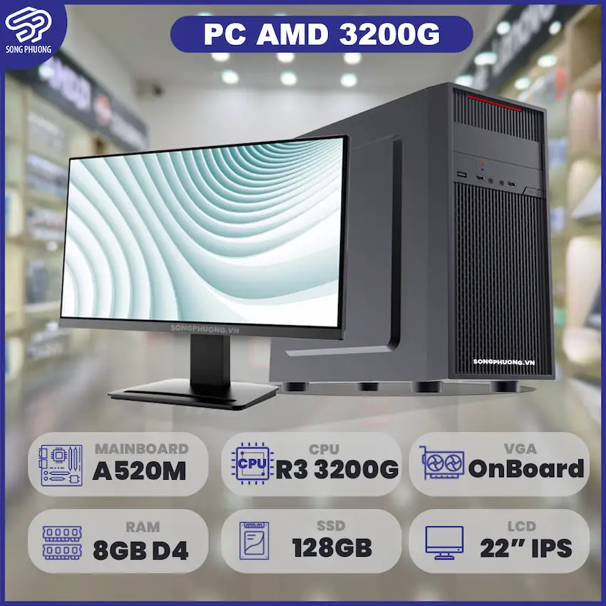 PC Trọn bộ AMD 3200G ( R3 3200G/ A520/ Ram 8GB/ SSD 128GB/ 300W/ LCD 22 inch FHD IPS/ DOS)