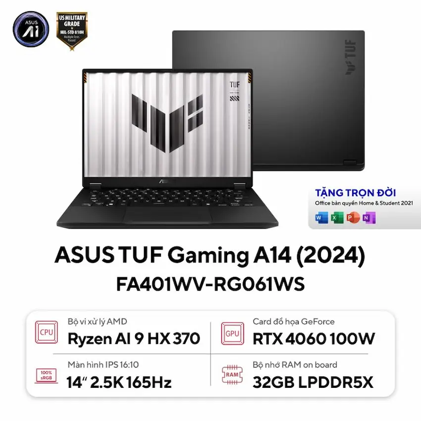 Laptop Asus TUF Gaming A14 FA401WV-RG061WS (Ryzen AI 9 HX 370, 32GB DDR5, 1TB SSD, RTX4060 8GB, 14.0 inch  2.5K 165Hz, Win 11, Xám)
