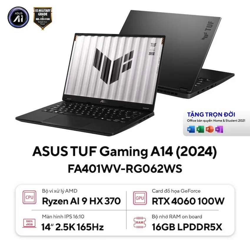 Laptop Asus TUF Gaming A14 FA401WV-RG062WS (Ryzen AI 9 HX 370, 16GB DDR5, 1TB SSD, RTX4060 8GB, 14.0 inch  2.5K 165Hz, Win 11, Xám)