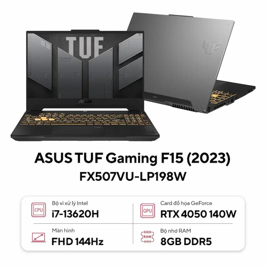 Laptop Asus TUF Gaming F15 FX507VU-LP198W (i7-13620H, 8GB DDR5, 512GB SSD, RTX4050 6GB, 15.6 inch FHD 144Hz, Win 11, Xám)