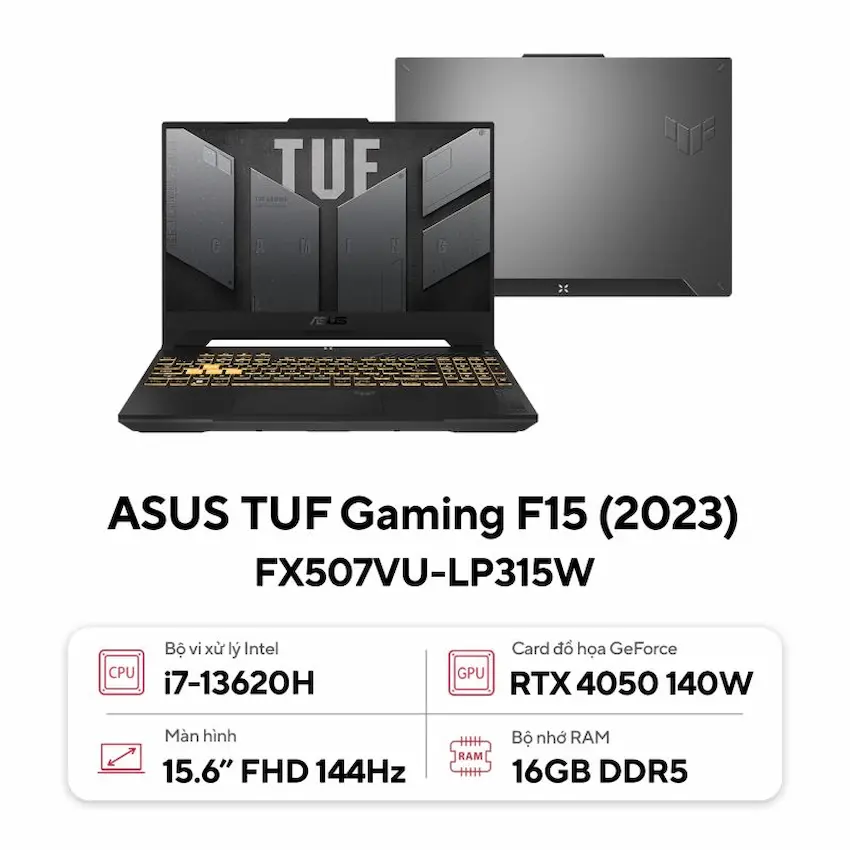 Laptop Asus TUF Gaming F15 FX507VU-LP315W (i7-13620H, 16GB DDR5, 512GB SSD, RTX4050 6GB, 15.6 inch FHD 144Hz, Win 11, Xám)